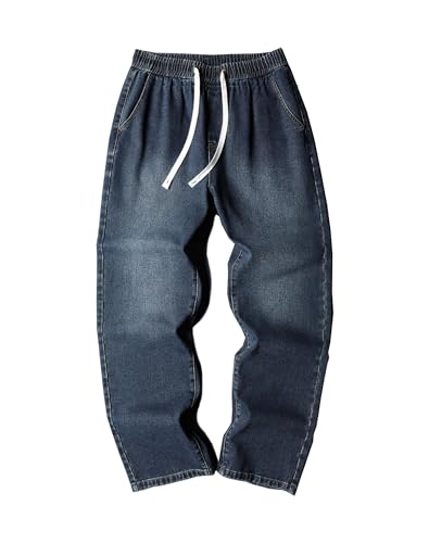 Elastic Waist Loose Fit Jeans for Men Straight Leg Drawstring Denim Pants