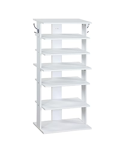 Kebuz House Vertical Shoe Rack, 7 Tier Shoe Storage Organizer with Hooks, Entryway Shoe Tower，Vertical Shoe Organizer，Vertical Shoe Organizer，White
