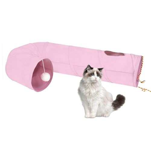 Image of Cat Tunnel, 2-Way Collapsible Cat Tube with Interactive Peek-A-Boo Hole, Toy Ball, and Rope - Ideal for Indoor Cats, Kittens, and Rabbits (Pink)