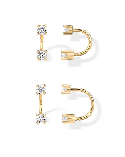 PAVOI 14K Gold Plated Sterling Silver Posts Double Half Huggie Earring Jacket Pack for Women - Gold Statement Loop Hoop Earring Set - Heart Ball Cubic Zirconia Screwback Studs