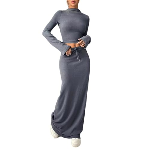 CNPOLOOK Women's Y2K 2 Piece Maxi Skirt Set Long Sleeve Turtleneck Crop Top Bodycon Drawstring Fishtail Skirt 2025 (Grey,XL,X-Large)