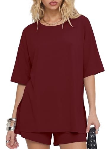 Image of Darong Women's 2 Piece Shorts Set Loungewear | oversized tshirts,crew neck top,drawstring shorts,elastic waist, side pockets,summer travel outfits