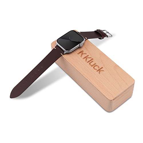Kluck® Correa de piel para Apple Watch [con caja de madera] Series 7 6 5 4 3 2 1 SE 45 mm 44 mm 42 mm 41 mm 40 mm 38 mm Apple Watch pulsera de piel (38 mm/40 mm/41 mm, marrón oscuro, adaptador en