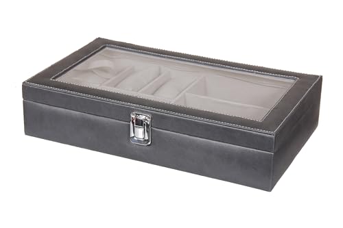 Image of Sukeshcraft 6 Slot Watch Organizer Case with Lock - Premium Black PU Leather Watch Box for Men - Sunglass Storage Compartment (Black Pu - Grey Velvet)