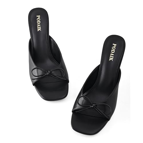 Image of Kitten Heels for Women Slip On Sandals Bow Mules Heeled Sandals Square Open Toe Dress Party Slides