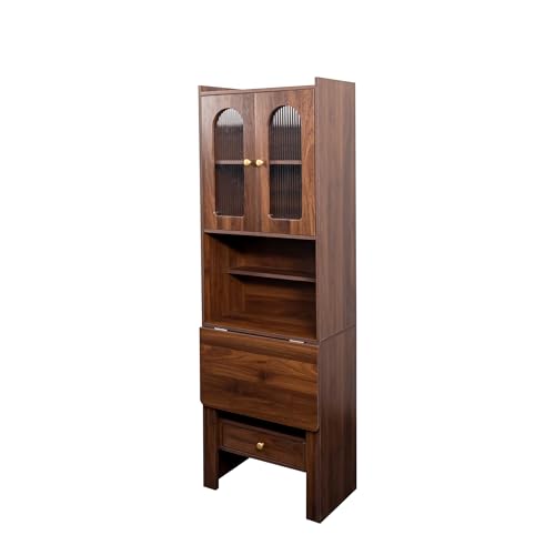 Image of Foldable Office Desk, Fold Out Convertible Hidden Murphy Computer Desk with Storage Shelves, Multi-Function Folding Writing Table for for Small Spaces, Home Office (Walnut.)