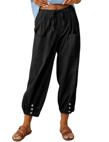 Cotton Linen Dressy Capri Pants for Women Elastic High Waisted Lightweight Casual Comfy Baggy Lounge Pants