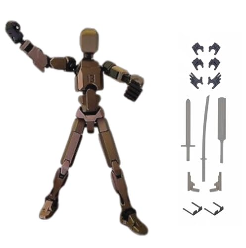 Image of VAALI Dummy 13 Action Figure Fully Assembled T13 Articulated Robot Toy with 12 Accessories (Swords Guns Extra Hands) 3D Printed Poseable Desktop Figure for Stop Motion Artists Gamers 5.4 inch (Brown)