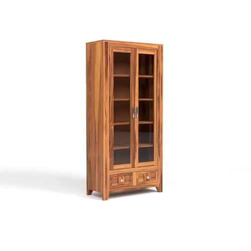 Image of Solid Sheesham Wood Book Cabinet with Acrylic Glass Doors | Rosewood Display Storage Unit with Shelves & Drawers for Home & Office | Louge (A-Honey)