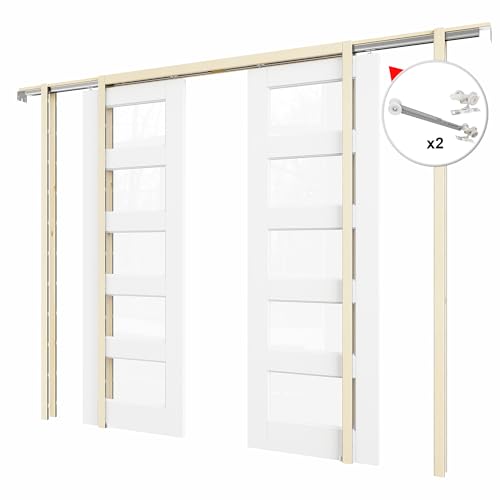 Image of 64 inch x 80 inch (Double 32 inch x 80 inch) 5-Lite Clear Glass Pocket Door, Soft-Close Sliding Pocket Door with Frame & Hardware Kit Set, Primed All-Inclusive Interior Door Slab for Home, White, Need to Assemble