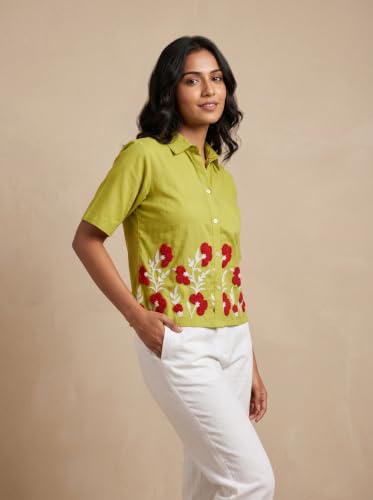 Image of Stylish Women's Embroidered Shirts | Geometric Pattern Half Sleeve Collared Button-Up Casual Shirt for Women