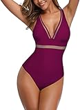 Hilor Women's Swimsuit with Built in Bra Long Torso Bathing Suits Push Up 1 Piece Monokini Swimwear Amaranth 16