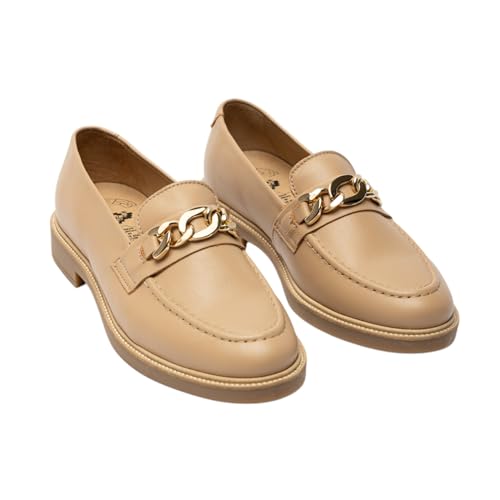 CAPRICE FOOTWEAR Loafer AVA Mujer Mocasines Cuero Anilina Auténtico Elegantes Slip-On con Cadena Vogue Comodidad Diaria (Beige, Sistema Tallas Calzado EU, Adulto, Mujer, Números, Mediano, 37)