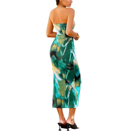 Image of Women's Tube Top Maxi Dresses Printed Tie Dye Strapless Bodycon Long Dress Split Side Sleeveless Party Elegant Outfits