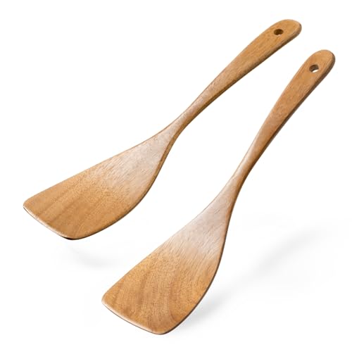 Hefild 2 spatole curve in legno per cucinare, tornitore in legno da 31,8 cm per friggere, in legno antigraffio per padella e wok, utensili da cucina in legno di acacia per pentole antiaderenti,