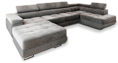 Masseno Ecksofa CASONE R-S mit Schlaffunktion U-Form, Sofa mit Bettkasten, Wohnzimmersofa, Couch, Soffa, Bettsofa, Couchgarnitur- Grau, Monolith 85