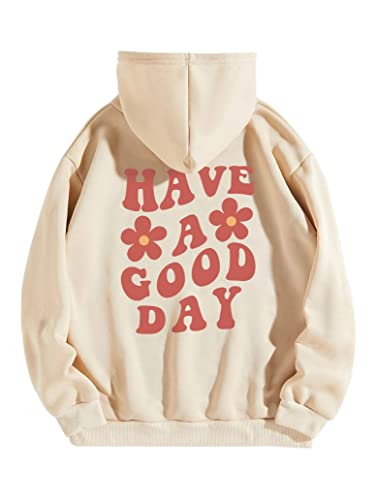 Cioatin Women Oversize Fleece Hoodie Sweatshirt Floral Slogan Letter Graphic Print Drop Shoulder Hooded Pullover Jumper Apricot