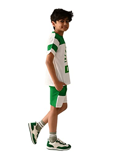 Image of LILPICKS Boys GraphicsText Printed T-shirt with Drawstring Shorts Set (White Green)
