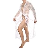 Men's Polka Spoint Sheer Lace Robe Lingerie Sexy See Through Mesh Sissy Nightwear Gay Nightgown Party Clothes White