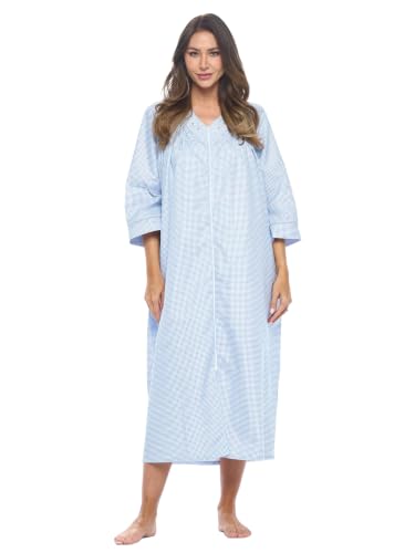 Image of Casual Nights Women's Zip Front Woven House Dress | 3 /4 Sleeves Housecoat Long Duster Lounger