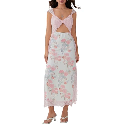 Image of Women Sexy Lace Patchwork Mesh Dress Floral Print Cutout Sweetheart Neck Backless Slit Summer Maxi Dress