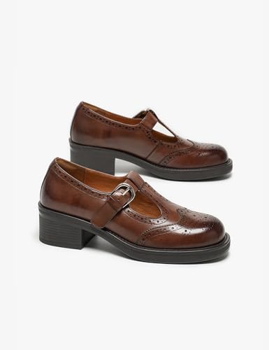 Image of BEAU TODAY Oxford Shoes for Women, Mary Jane Shoes for Women T Strap Leather Wingtip Brogue, Chunky Heel Comfortable Non Slip Dress Work Shoes