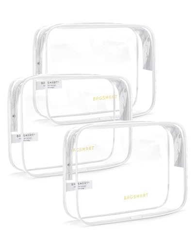 Image of BAGSMART Clear Toiletry Bag, 3 Pack TSA Approved Travel Toiletry bag Carry on Travel Accessories Bag Airport Airline Quart Size Bags Water Repellent Makeup Cosmetic Bag for Women (White-3pcs) | Carry on Travel Accessories Bag, Airport Airline Quart Size Bags for Women Men, Makeup Cosmetic Bag