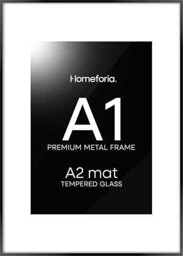 Image of Homeforia A1 Black Poster Frame, High-End Metal, A2 Mat, Glass | High End Aluminum, Tempered Glass, Acid-Free A2 Removable Mat, A1 Edge-to-Edge Display, Wall Kit, Set Of 1