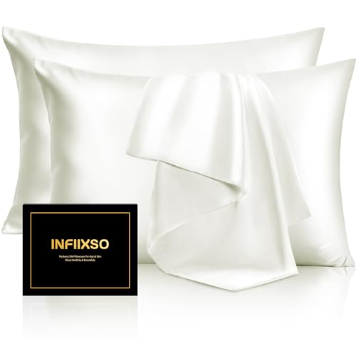 Image of INFIIXSO Silk Pillow Cases 2 Pack Standard Size, Ultra Smooth & Soft Mulberry Silk Pillow Case for Hair and Skin, Breathable Cooling Silk Pillowcase with Hidden Zipper (Cream, 20x26 Inches)