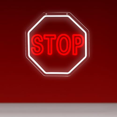 Image of STOP Neon Signs Warning Neon Lights Wall Decor for Parking Garage, Apartment Complex,Garage, Gate,Home 12.2 x 12.2 IN-USB Powered-Acrylic