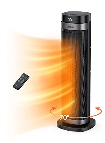 Space Heater for Indoor Use, 1500W Electric Heaters with Thermostat, 70°Oscillating Ceramic Tower Fan Heater, Tip-Over & Overheat Protection, ECO Mode, 12H Timer for Bedroom Large Room, 24”