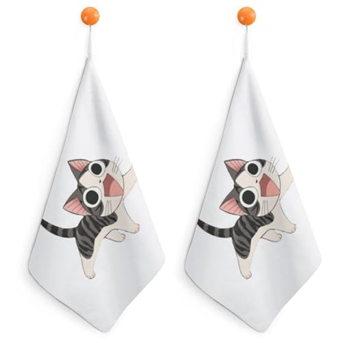 マイクロファイバー こねこのチー 吸水速乾 ハンドタオル 掛け紐付き 手拭きタオル 速乾タオル 洗面所 キッチン バスルーム ジム用 擦手巾 2枚セット