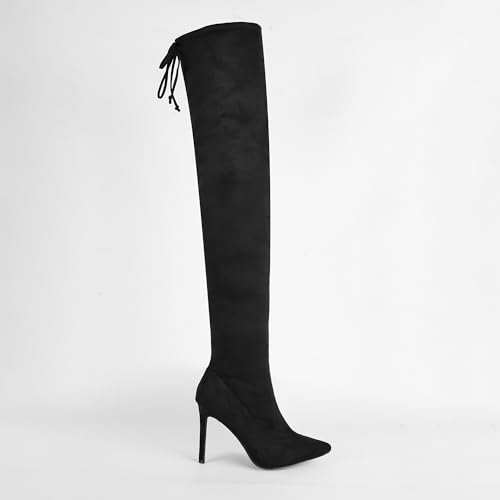 Women's Thigh High Block Stiletto Heel Over The Knee Boots, Faux Suede Elasticity, Long Black Boots, Round Toe&Pointed Toe, Side Zip Sexy Boots for Winter Fall2
