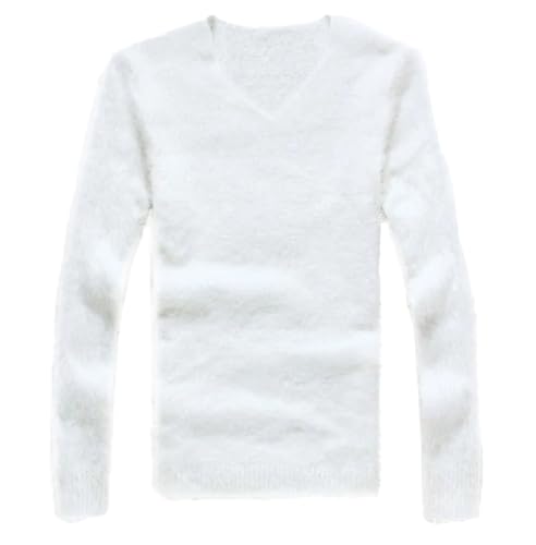 Men Solid Mohair Sweater Soft Warm Pullover V-Neck Elastic Knitted Sweaters