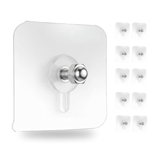 Image of StrongHold Self Adhesive Screw Hooks for Wall Without Drilling - 10 Pcs Heavy Duty Transparent Wall Hanging Hooks, Nail Free Stainless Steel Hooks for Frames & Wall Decor