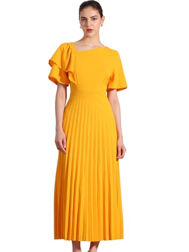 Robe midi à manches courtes et col asymétrique plissé pour femme