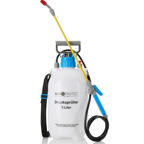 Nanoprotect Drucksprüher 5 L | Universelle Sprühflasche für Essigsäure, Wasser, Dünger und mehr | Mit Schlauch, Tragegurt und Verstellbarer Düse aus Kunststoff | Pumpsprüher