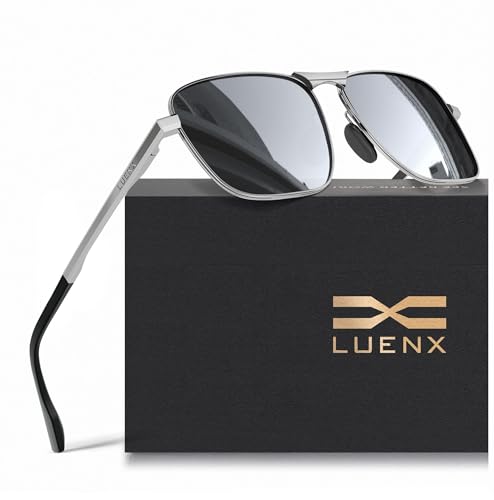 LUENX Men Rectangular Polarized Sunglasses Square Retro Shades - Silver Frame Silver Mirror Lens 59mm