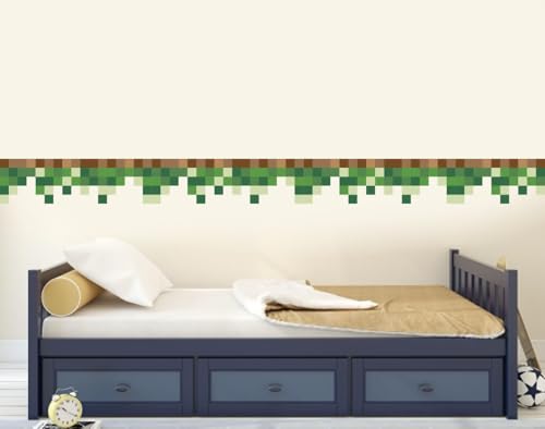 Finedeco Pixel Art Grass Border Decal Retro Gaming Craft Trim Green and Brown Earth Block Strip 2 Meter x 15 cm Wallpaper Sticker