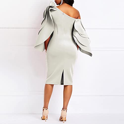 Iwfev Bodycon Dress For Woman Ruffle Sleeve Off Shoulder Knee-Length Evening Dress Cocktail Dress Xl White #TOP2