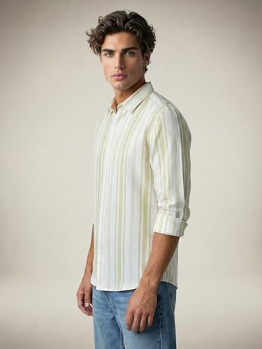 Image of Urbano Fashion Men's Cotton Full Sleeve Relaxed Fit Linen Striped Shirt with Spread Collar