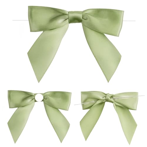 G2PLUS Sage Green Twist Tie Bows 50PCS Self Adhesive 9CM Large Satin Polyester Ribbon Bows for Multiple Occasions Gift Wrapping Crafts Wedding Birthday Christmas Decoration