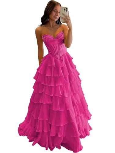 Women's Maxi Corset Prom Dresses Hot Pink 2026 Long A Line Sleeveless Chiffon Dress Ruched Tiered...