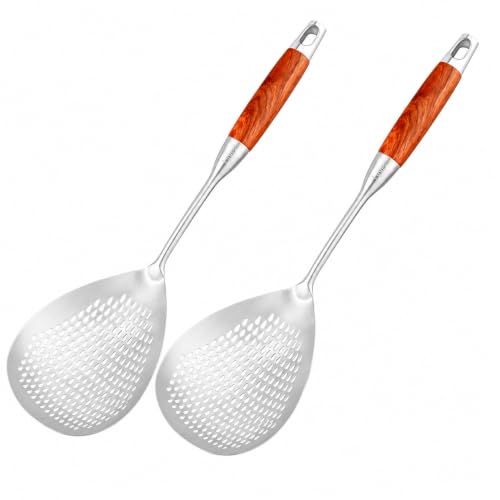 Image of 304 Stainless Steel Cooking Skimmer Jhara with Long Wooden Handle, Heavy Duty Spider Strainer Slotted Spoon for Deep Frying, Oil Draining, Pasta, Noodles, Pakora, Puri & Fries Cooking (Pack of 2)