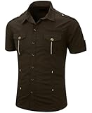 Fashion 2025 Men's 100 Percent Cotton Tactical Shirt Summer Short Sleeve Solid Color Cargo Work Shirts with Pocket Coffee