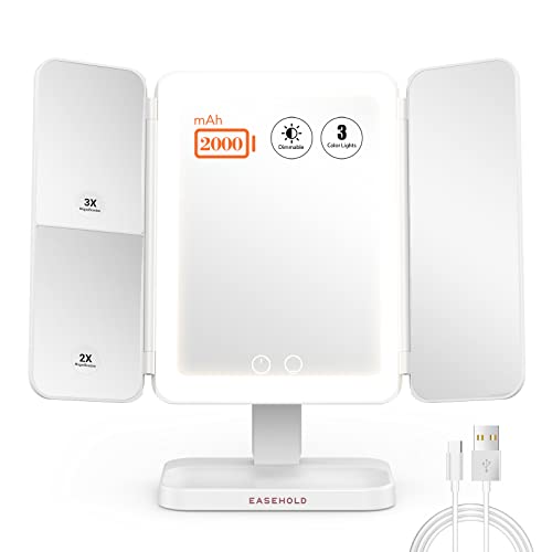EASEHOLD Kosmetikspiegel mit Beleuchtung, 3- oder 2-fache Vergrößerung Schminkspiegel mit 3 einstellbare LED Licht, Akkubetrieb oder Typ C Aufladen Makeup Mirror (2000 mAh Akku) Cover