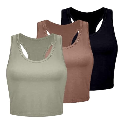Generisch Set de 3 camisetas sin mangas para mujer de tejido de canalé sin costuras para actividades de yoga y entrenamiento, 3 piezas, amarillo, L