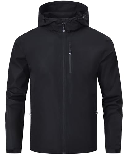 Huayuzh Regenjacke Herren Wasserdicht Leichte Regenmantel Camping Wandern Atmungsaktiv Packbare Softshelljacke mit Kapuze Schwarz L