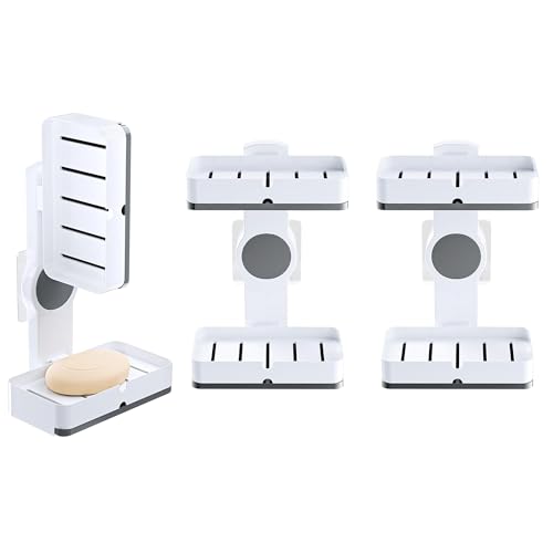 Image of Pack of 3 Plastic Self-Adhesive Double Layers Soap Holder for Bathroom Wall with Removable Drain Tray | No Drill Stickable Soap Stand for Kitchen Sink | White