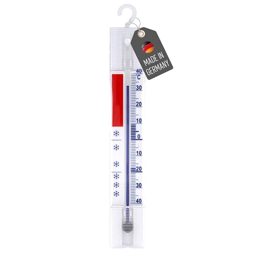 Lantelme Kühlschrankthermometer mit Haken Temperatur + - 40°C | Analog Thermometer Kunststoff Weiß 14cm zum aufhängen für Gefrierschrank Eisfach Kühltheke Kühlfach Kühlschrank (HK-Lang)